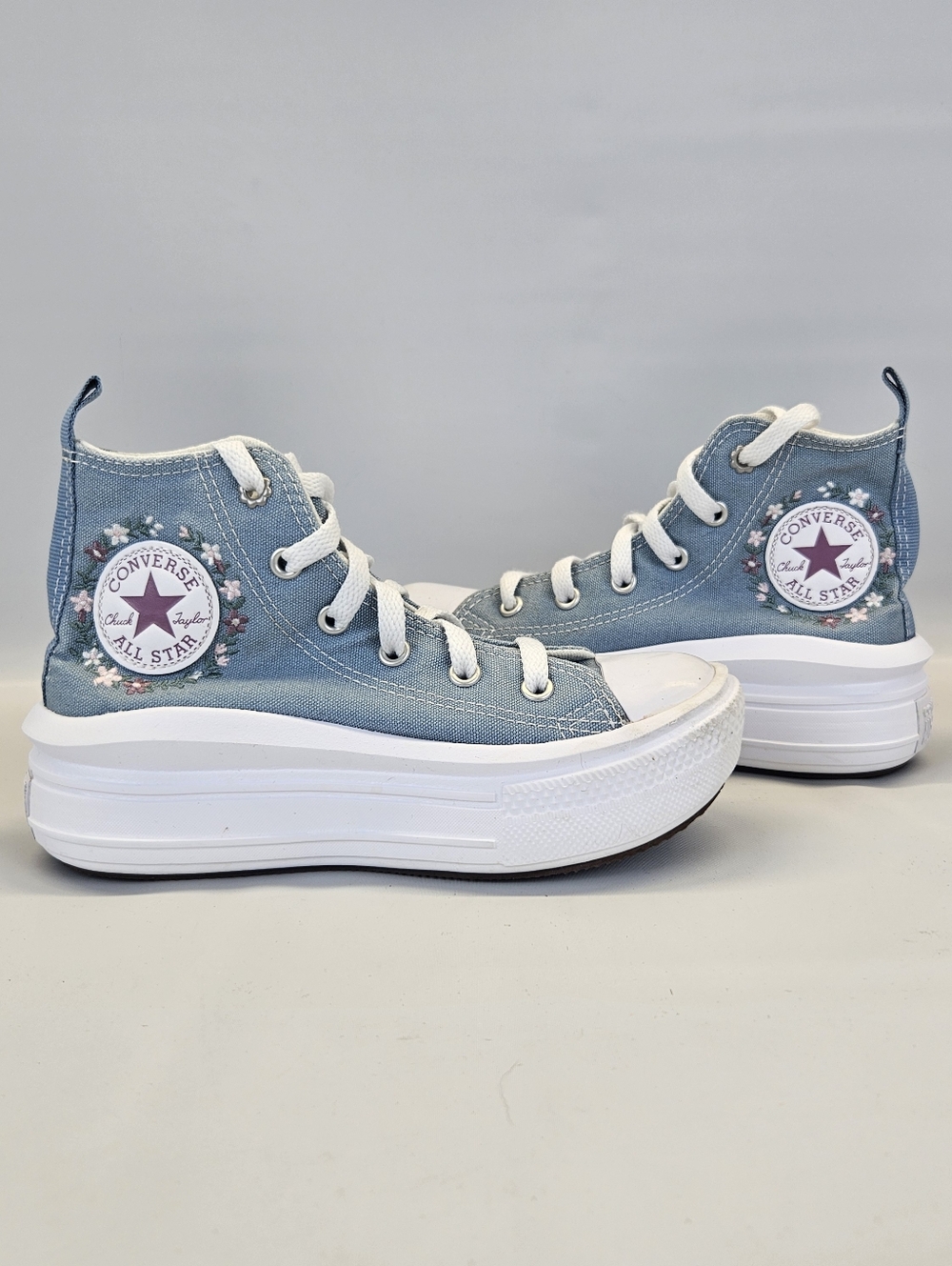Converse Chuck Taylor High Top Shoes Lift Embroidered Floral Denim Blue Youth 13
